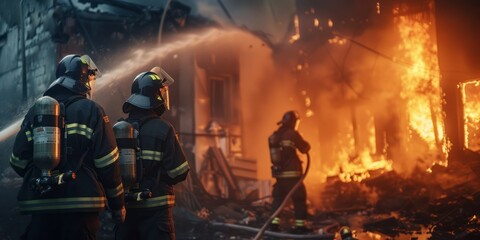 Firefighters in uniform battling a blaze in a burning building