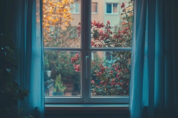 Window View with Sheer Curtains and Blooming Flowers