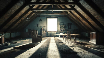 Fototapeta premium Creepy Ghostly Attic Interior: Abandoned Wooden Shack with Worn Features. Perfect for Horror Themes, This Image Offers a Transparent Background for Easy Integration into Creative Designs