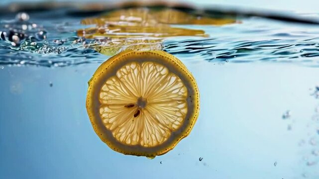 A vibrant lemon slice submerged in clear water, showcasing its texture and freshness.