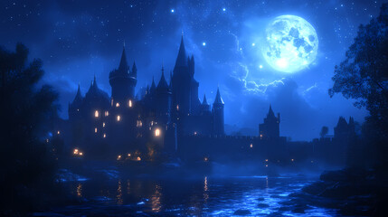 A mighty castle in the moonlight.