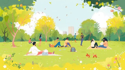 Lush park scene, people relaxing on grass, sunny day, vibrant nature, outdoor leisure, city skyline view, picnic gathering