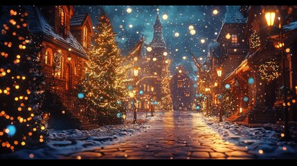 Christmas village with festive decorations and snow-covered streets