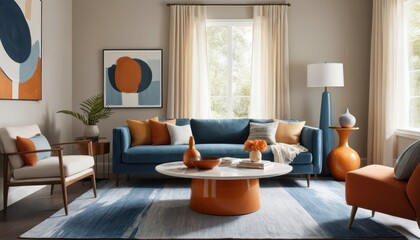 Fototapeta premium Contemporary Living Room Decor with Blue and Orange Accents