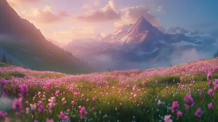 Obraz premium Idyllic Mountain Landscape in the Alps with Blooming Meadows in Springtime: A serene alpine landscape with blooming meadows and snow-capped peaks, capturing the beauty of spring