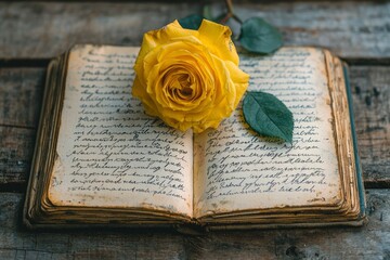 Yellow Rose Resting on an Open Antique Book with Handwritten Notes