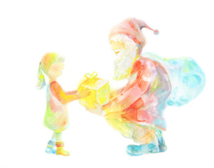 プレゼントを渡すサンタクロースと子供