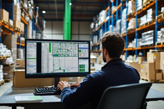 Worker in a warehouse using a computer for logistics and inventory management