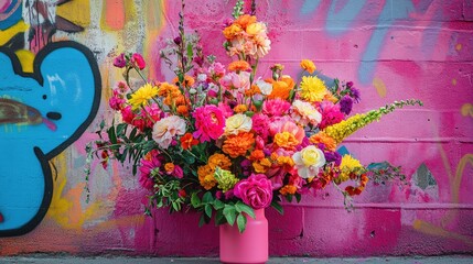 A creative arrangement of flowers with neon accents, placed against a graffiti wall for an urban...