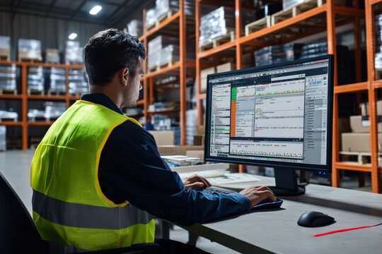 Worker in a warehouse using a computer for logistics and inventory management