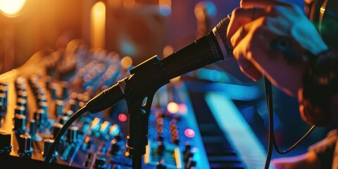 Sound engineer adjusting microphone settings for a live performance recording