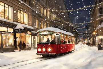 A beautiful illustration of a red tram decorated with Christmas lights, traveling through a snowy city street during the holiday season.
