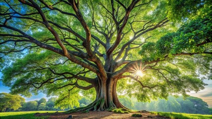 An Ancient Tree Stands Tall, Its Branches Reaching Up Towards the Sun, A Symbol of Strength, Resilience, and the Tranquility of Nature