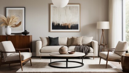 Fototapeta premium Elegant Minimalist Living Room with Neutral Tones and Natural Decor