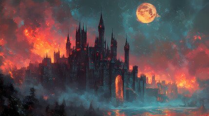 Fototapeta premium Medieval fantasy castle designed by Dark Knight. Artwork in oil and digital format.
