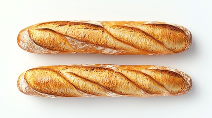Two fresh baguettes arranged on a white background, showcasing their crispy crust and soft interior.