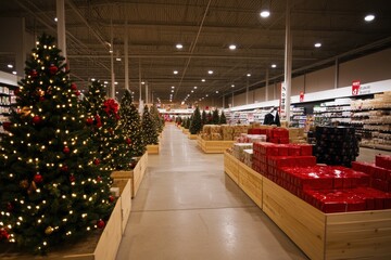 Holiday Decorations in Store: A retail store decked out with holiday decorations like Christmas trees and lights, combined with Black Friday sale signs. The festive atmosphere is combined with the exc