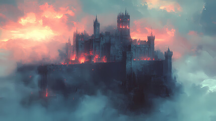 Medieval fantasy castle designed by Dark Knight. Artwork in oil and digital format.