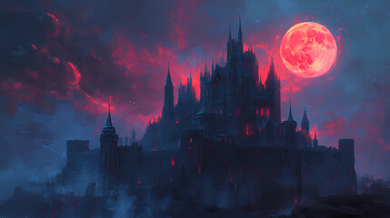 Fototapeta premium Medieval fantasy castle designed by Dark Knight. Artwork in oil and digital format.