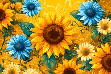 Obraz premium Vibrant Sunflower and Daisy Floral Pattern with Swirling Vines on Bright Yellow Background