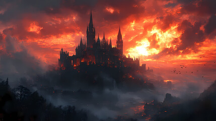 Medieval fantasy castle designed by Dark Knight. Artwork in oil and digital format.