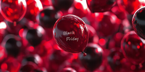 Celebrate Black Friday with glossy inflatable balloons showcasing amazement and excitement in a vibrant, crowded store atmosphere