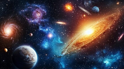 Fototapeta premium Vibrant cosmic scene showcasing galaxies, stars, and planets in the vastness of space.