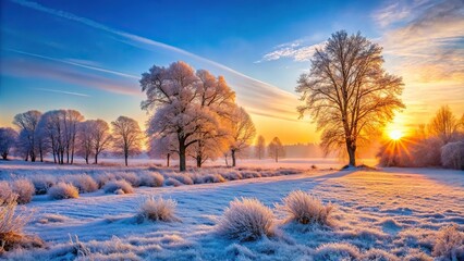 Frosty winter landscape with snow covered trees and grass