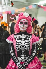 Obraz premium a person dressed in an elaborate Day of the Dead (Día de los Muertos) costume.Their face is painted in the traditional calavera (skull) style,The overall atmosphere is festive and culturally rich.