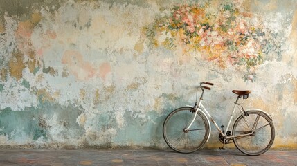 Fototapeta premium Vintage Bicycle Leaned Against Rustic Wall with Floral Mural