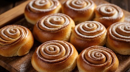 Delicious cinnamon rolls, warm and golden-brown, are freshly baked and drizzled with creamy icing, inviting you to indulge in their sweet, aromatic goodness