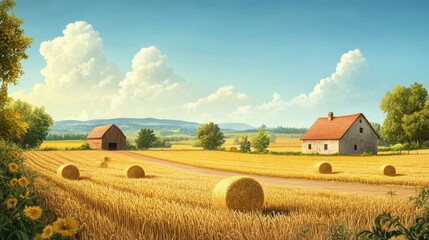 A peaceful rural landscape with a farmhouse, a barn, and hay bales scattered across a field of crops