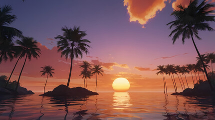 Obraz premium Tropical Sunset with Palm Trees Reflected on Calm Ocean Waters