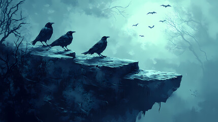 Fototapeta premium In the dead mysterious forest, there are three crows on a dead cliff road at night. This is a scary Halloween concept.
