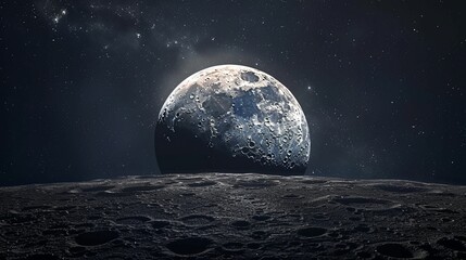 A Full Moon Rising Over a Cratered Lunar Surface