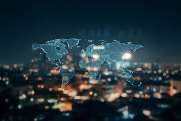 Obraz premium Illuminated digital world map overlay on a blurry cityscape at night.