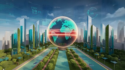 Futuristic Cityscape with a Floating Globe and Digital Data Overlays, Representing Global Connectivity, Smart Technology, and Sustainable Urban Development