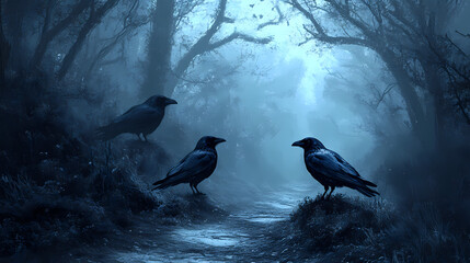 Fototapeta premium In the dead mysterious forest, there are three crows on a dead cliff road at night. This is a scary Halloween concept.