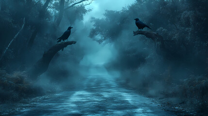 In the dead mysterious forest, there are three crows on a dead cliff road at night. This is a scary Halloween concept.