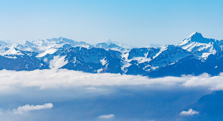 View on winter mpuntains from Rochers-de-Naye peak, Montreux, Alps.