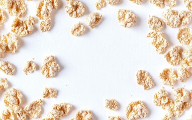 Scattered clusters of cereal flakes on a blank white background highlighting a simple breakfast choice for the morning routine