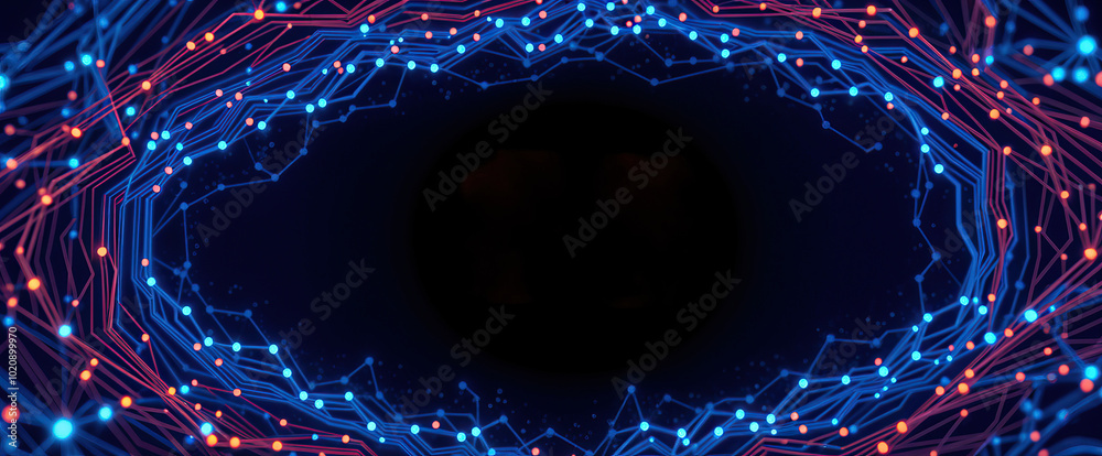 Poster blue red neon glowing lines network connection data transfer on dark background digital abstract technology concept copy space for text