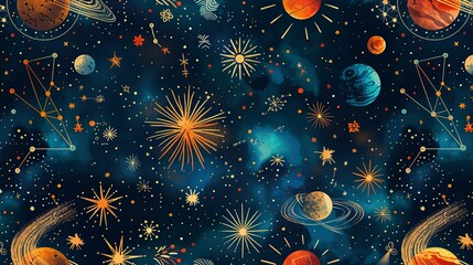 Fototapeta premium Hand-Drawn Cosmic Illustration with Planets, Stars, and Constellations