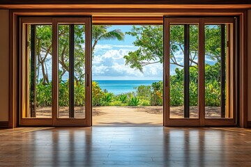 Wooden Sliding Doors Reveal Tropical Ocean View