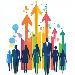 Colorful silhouettes, vibrant arrows, business concept, diverse team, growth inspiration, abstract illustration, teamwork success
