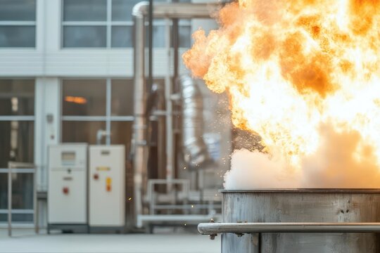 Industrial explosion with flames and smoke in a manufacturing facility.