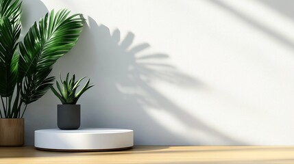 Interior with decorative plants in pots on a wooden surface, featuring a shadow cast on a white wall illuminated by natural sunlight.