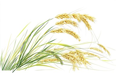 Golden wheat stalks sway gently in the breeze under a clear sky in a rural landscape at harvest time