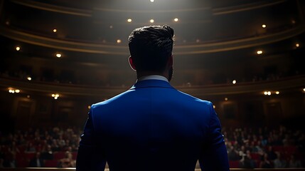 Fototapeta premium Confident Male Professional Delivering Impactful Speech on Stage Before Audience