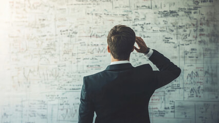 Pensive man in glasses surrounded by warm light bulbs, deep in thought